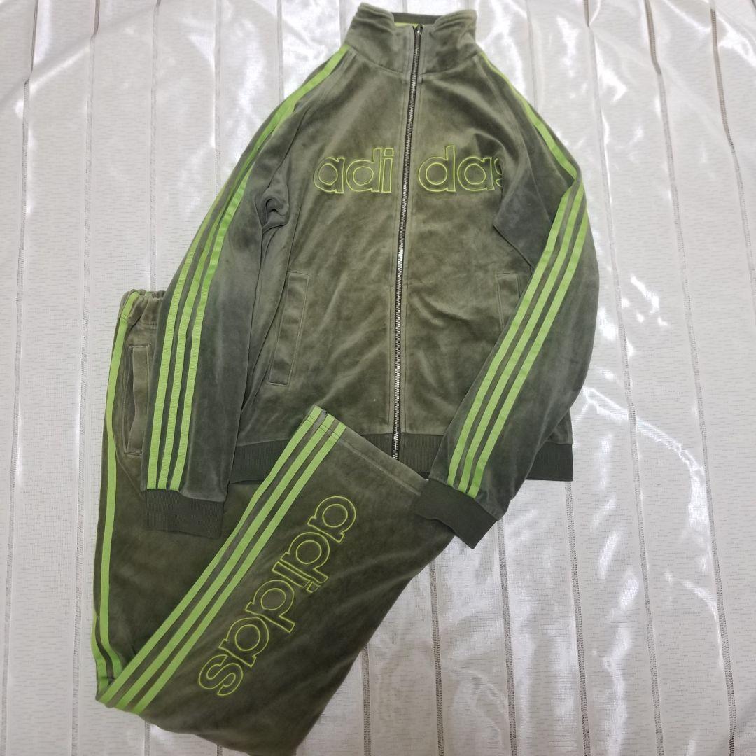 【adidas】オリーブグリーン/カーキ ベロア ジャージ セットアップ M