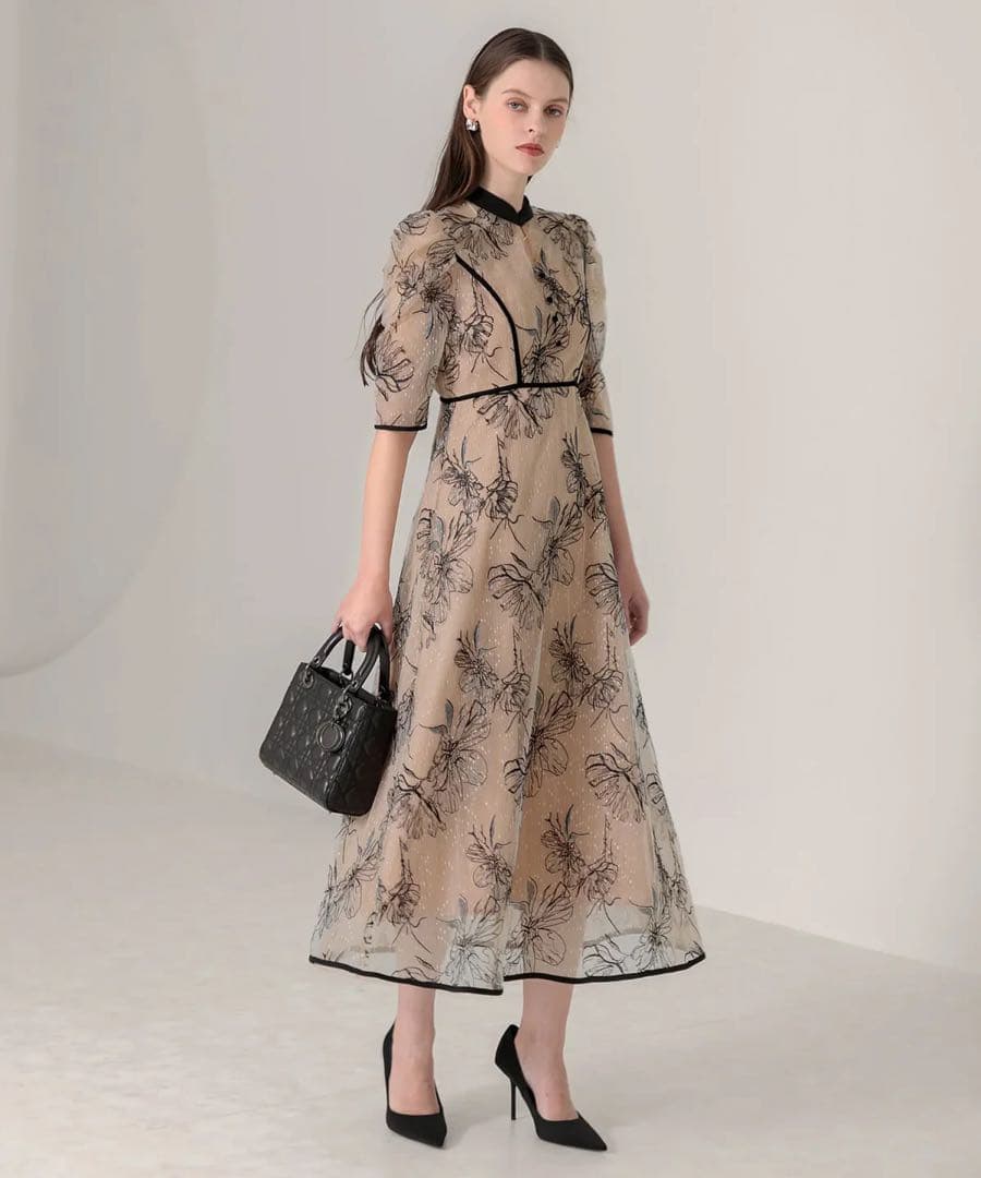 LEJA パイピングハイネック花柄ラメレースワンピースドレス L - メルカリ