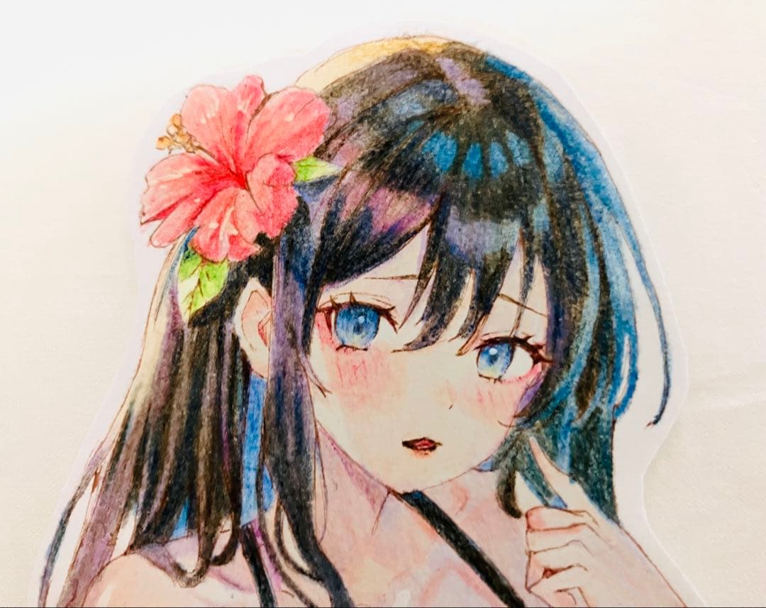 ビキニを着た女の子、青色、黒色、手書きイラスト、オリジナルキャラ