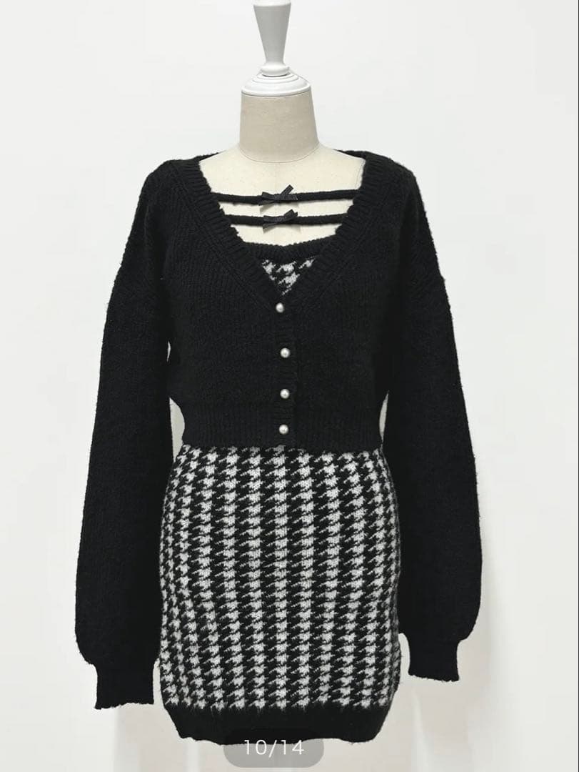 Pium ピウム 千鳥柄ニットワンピカーデセット ブラック