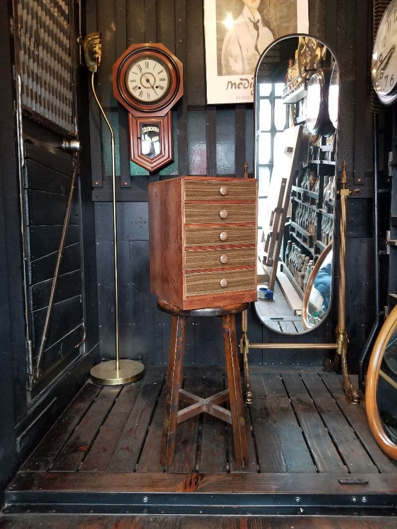 1960's　北欧モダン　オーク　良杢　古金具　組木細工　小引き出し　５段