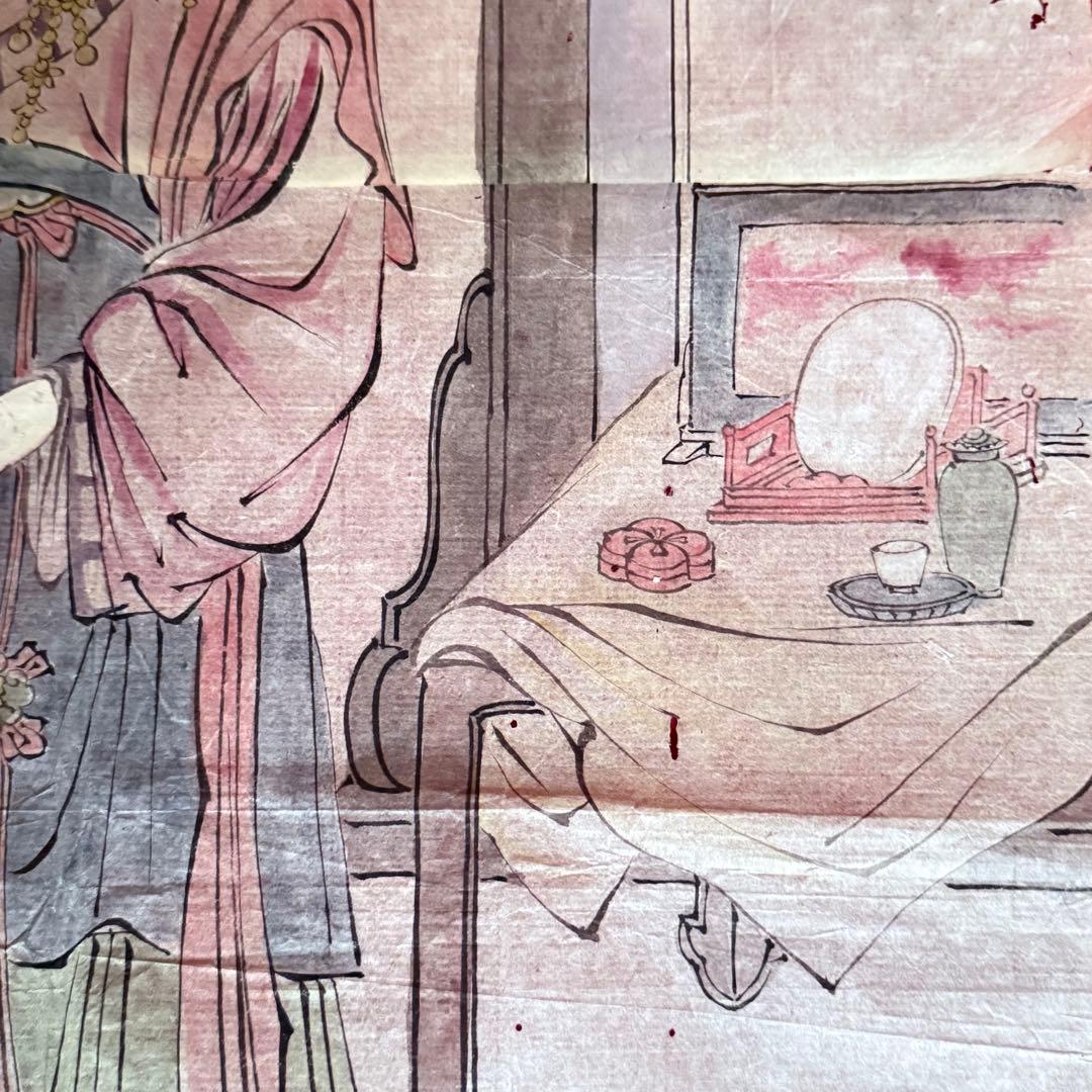 2154様感謝‼️超絶の画力‼️「団扇と二輪草を持つ麗人粉本絵手本紙本