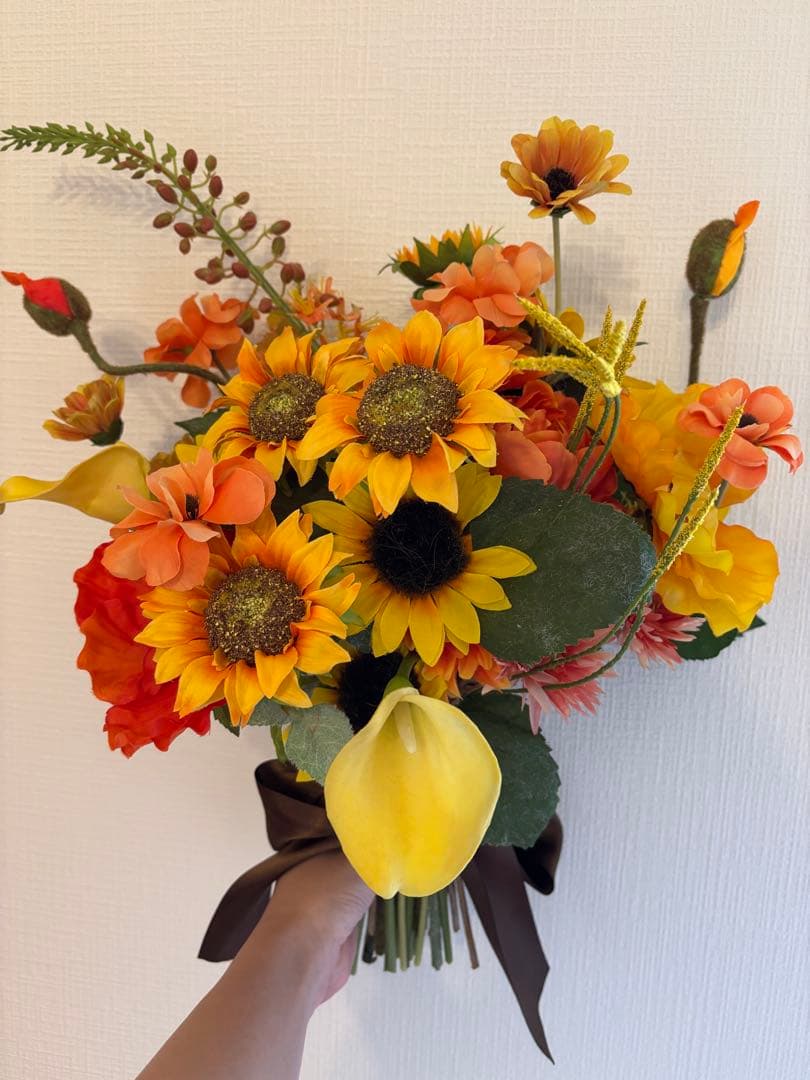 ウェディングブーケ　アーティシャルフラワー　ブートニア 造花　ひまわりブーケ