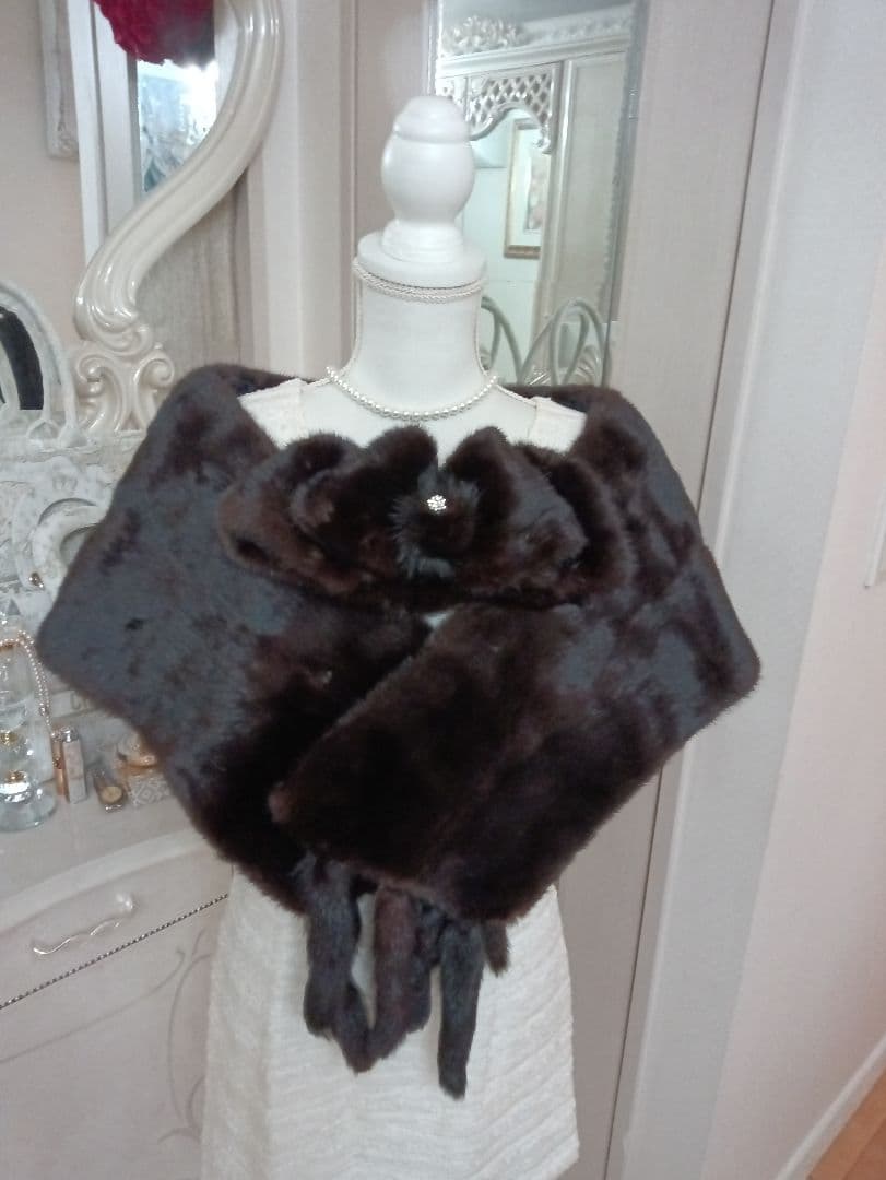 ☆美品サガブラックミンク☆おリボン付きショール