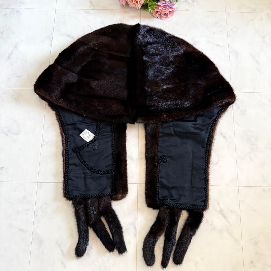 美品★EMBA ブラックグラマミンク ショール ストール 本毛皮 毛並み◎艶◎