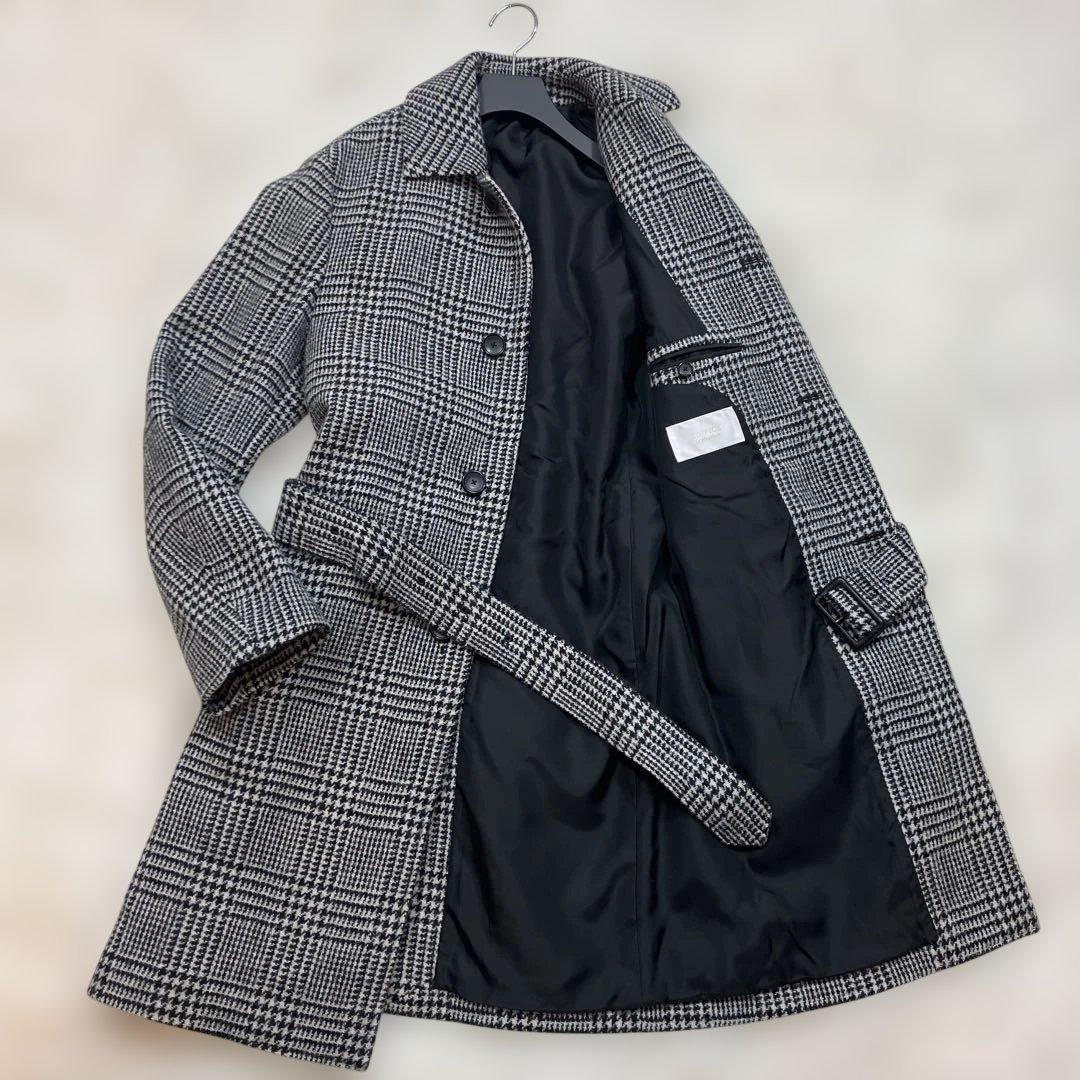 極美品エディフィス ステンカラーコート マキシ丈ハリスツイード 千鳥柄 グレーM