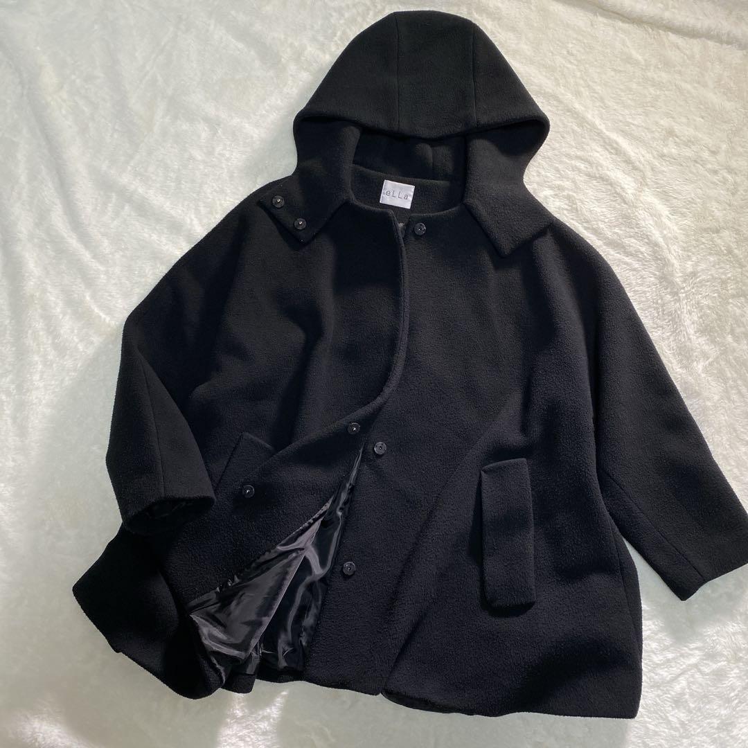 ☆E2-020 eLLa ボンディングフーディコート 黒 テントコート ゆるだぼ