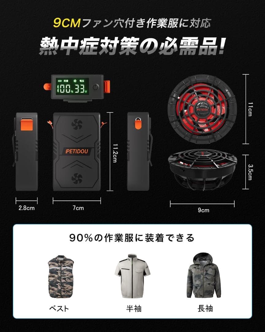 【33V超高出力 LED表示パネル】ファンバッテリーセット ファン付き作業服対応