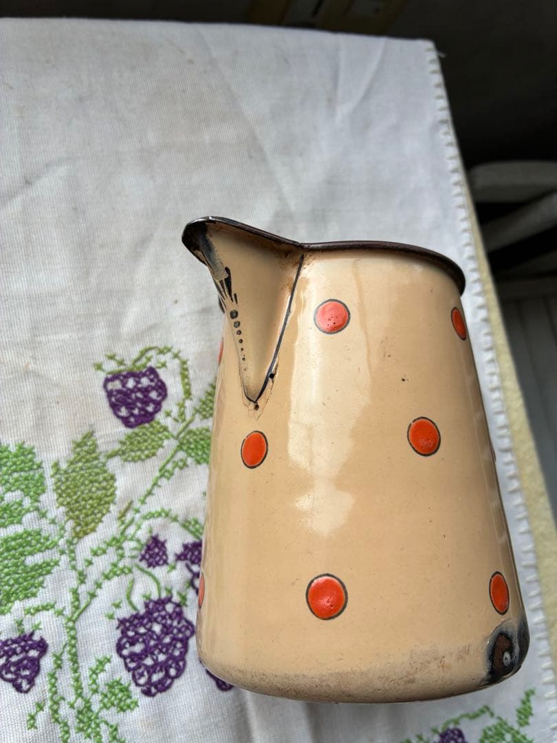 フランス　アンティーク　ホーロー　ピッチャー　ジャグ　ポルカ　ドット　水玉　レア