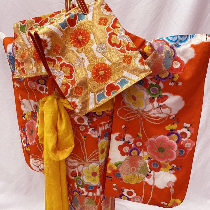 503ag23◎七五三 七歳 女児 アンティーク ねじり梅 着物&袋帯&長襦袢