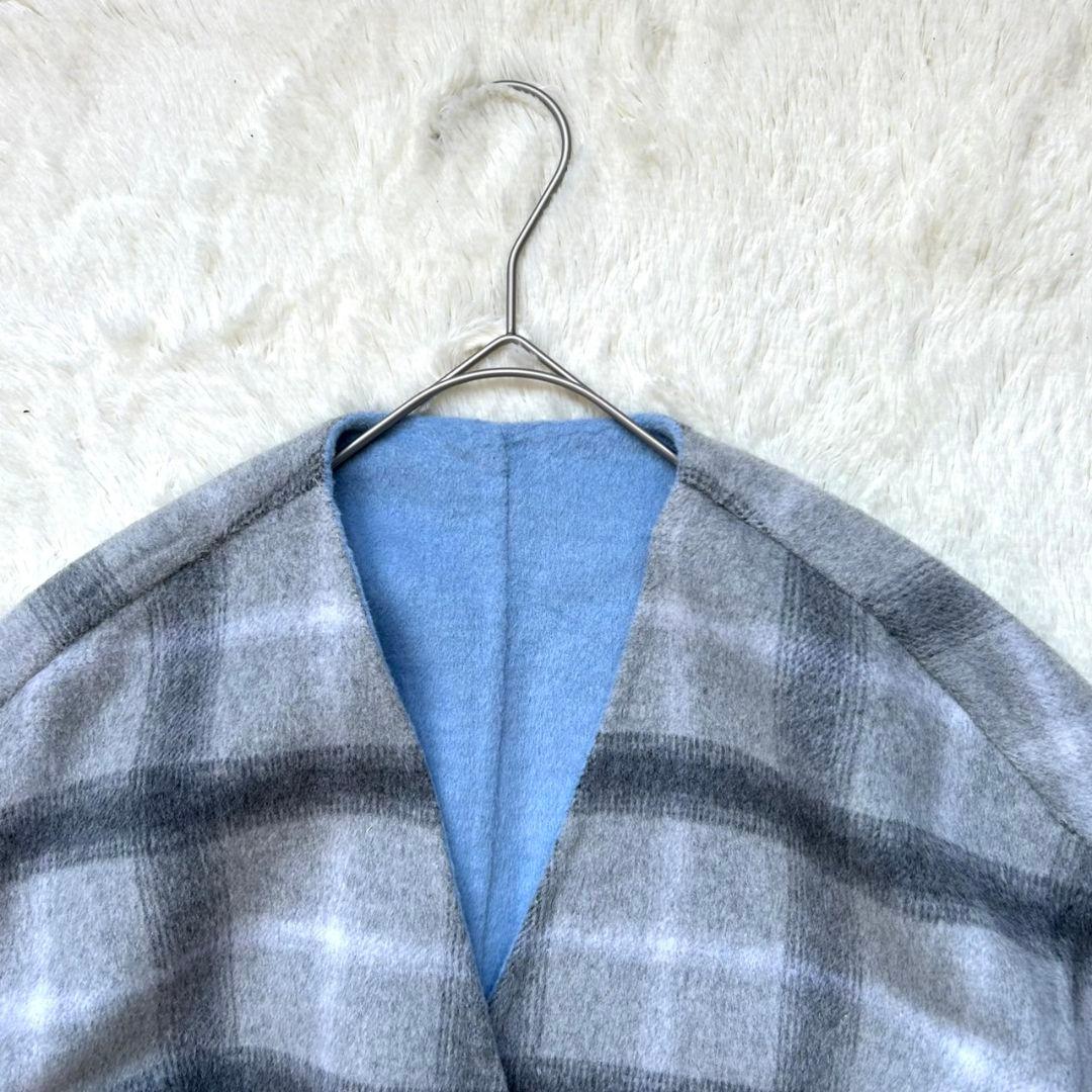 SHIPS ロングコート リバーシブル キレイな水色 チェック ノーカラー