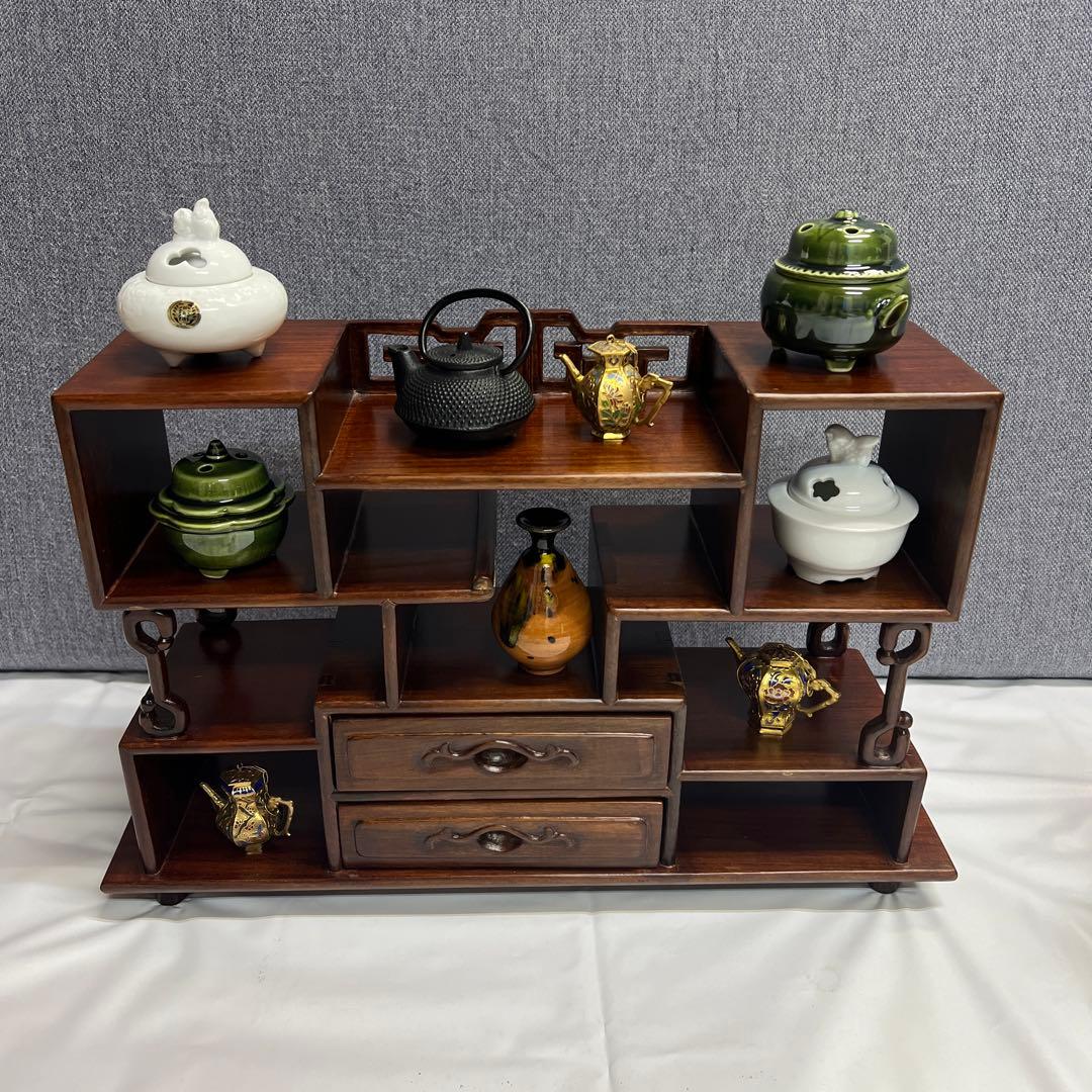 ミニ違い棚　置物　飾り棚　和風　レトロ木製　ミニ香炉　ミニ置物　セット