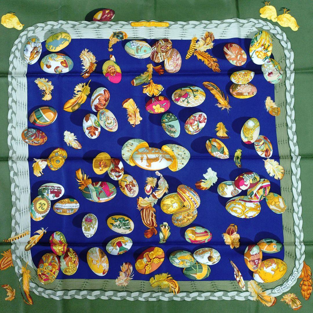 【未使用に近い】HERMESエルメス カレ90 スカーフ イースター ネイビー