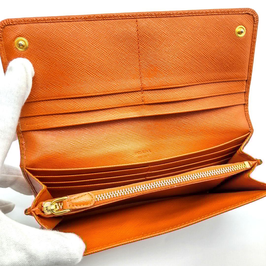プラダ サフィアーノ フィオッコ リボン 長財布 オレンジ パスケース付き
