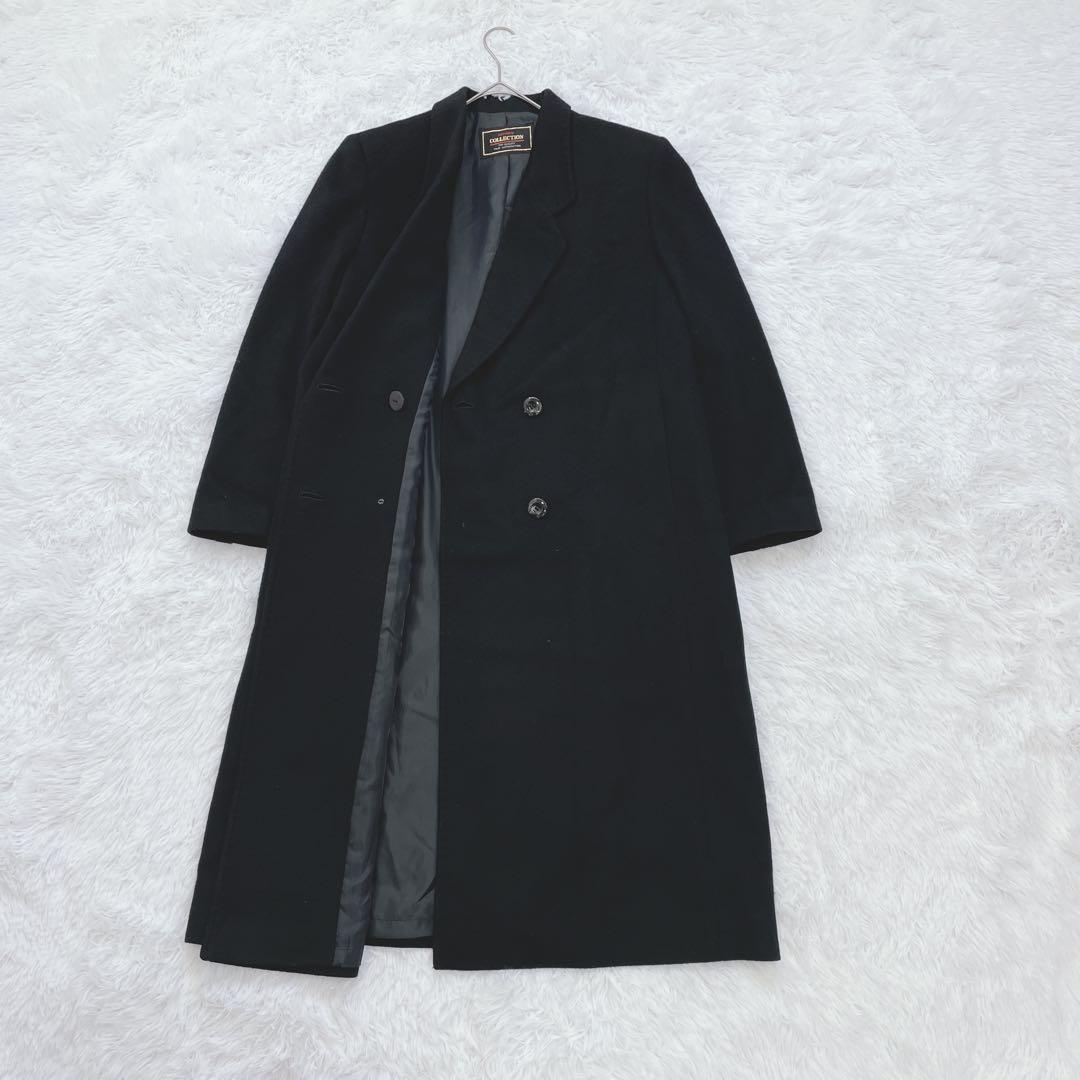 ヴィンテージ♡カシミヤ100%ダブルロングコート M ブラック パワーショルダー