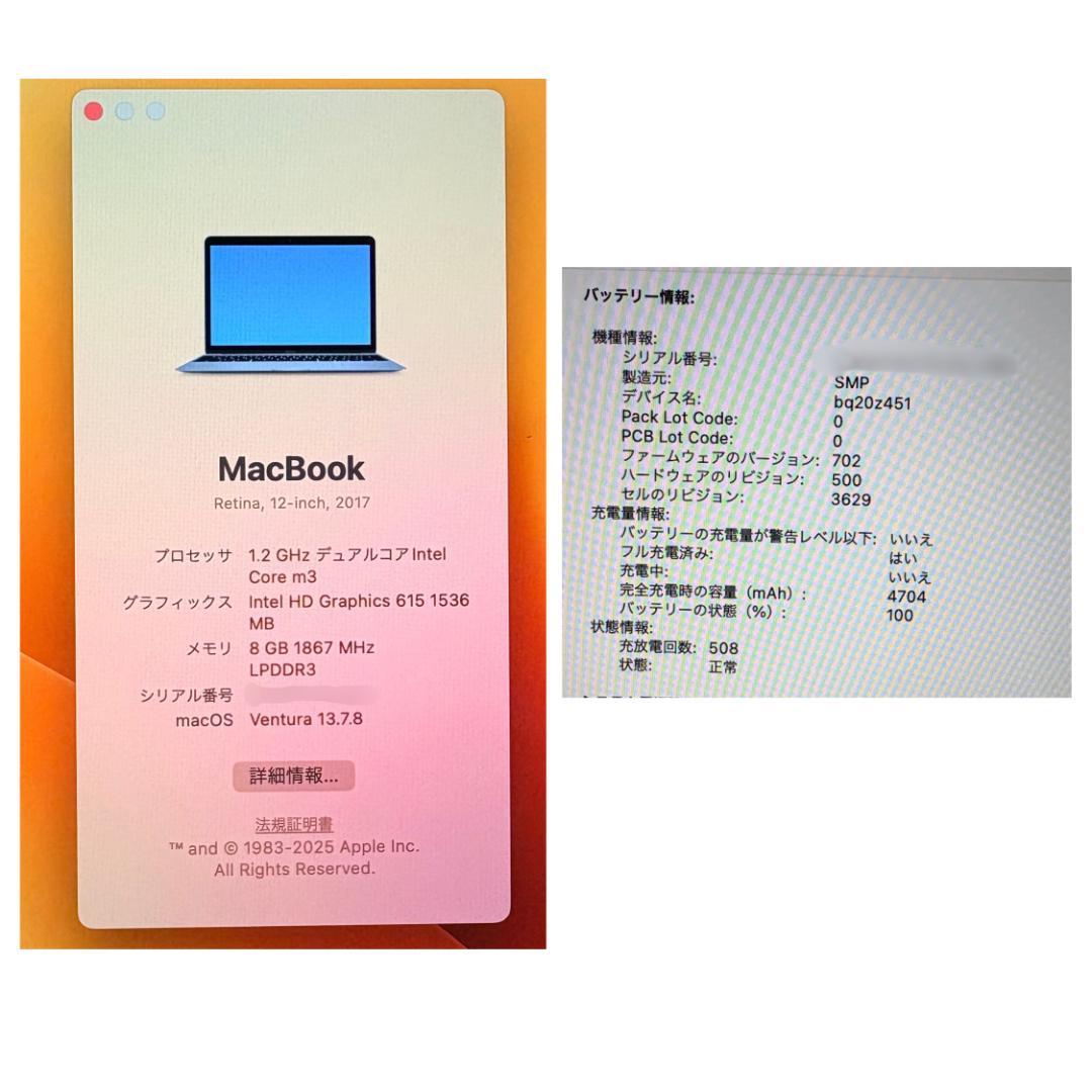 MacBook 12インチ 2017 m3/8GB/256GB/箱付き/純正充電