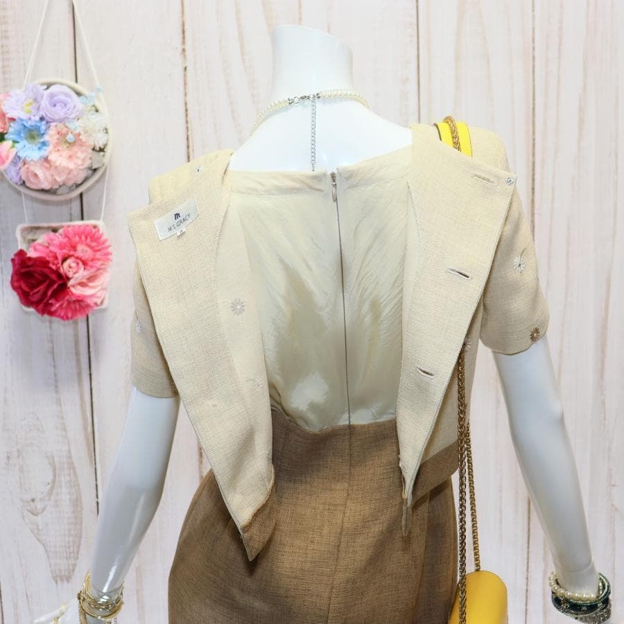 エムズグレイシー 花柄刺繍ワンピース M バイカラー ブラウン くるみボタン