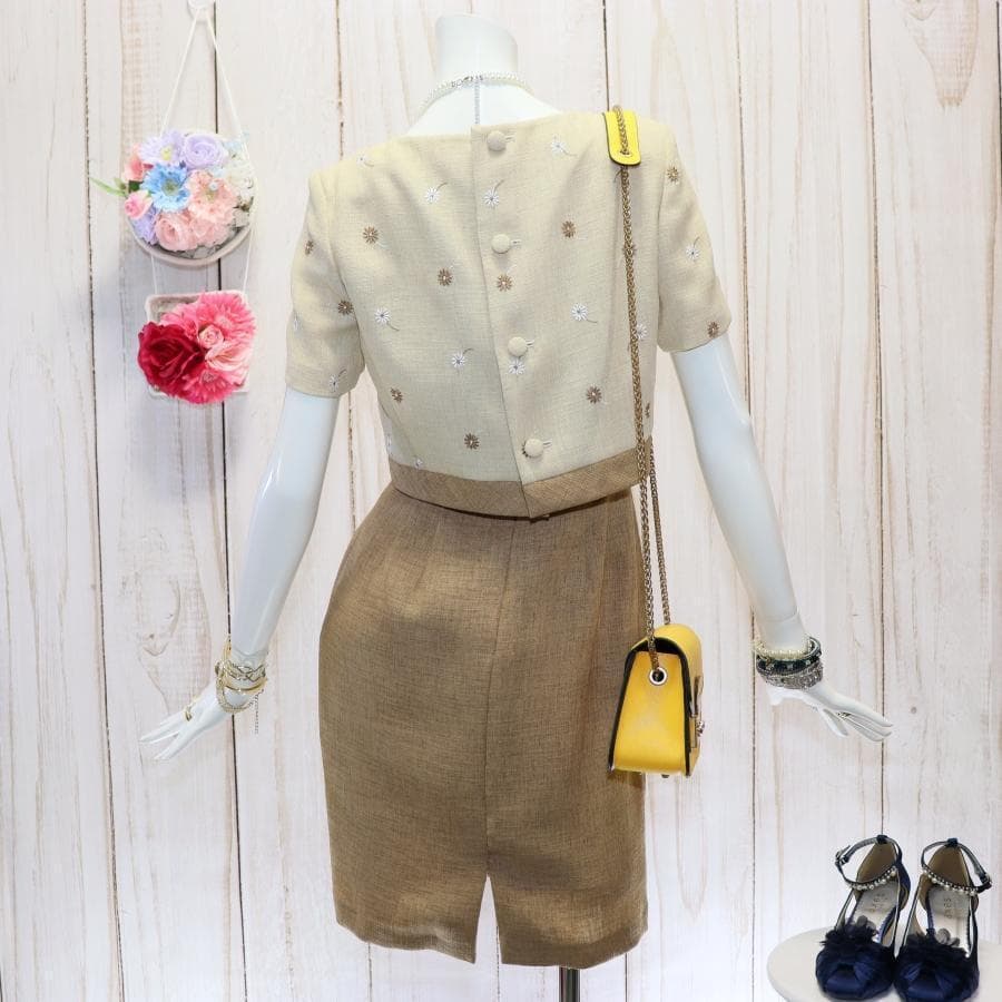 エムズグレイシー 花柄刺繍ワンピース M バイカラー ブラウン くるみボタン