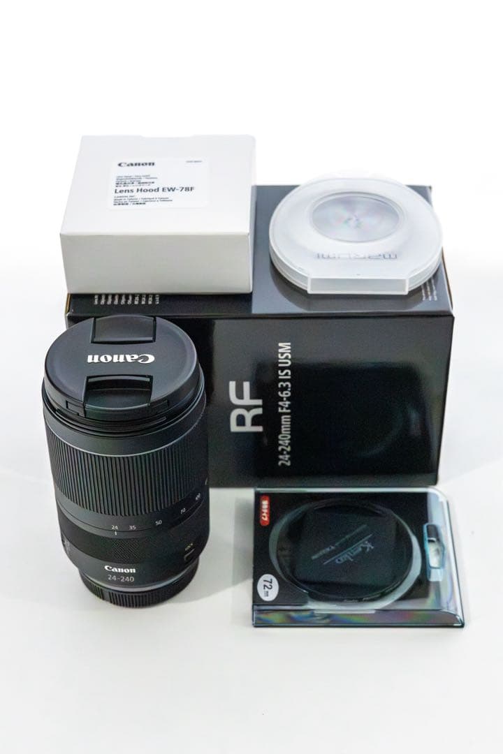 キャノン24-240ズームレンズ、レンズフード、円偏光フィルター、保護フィルター