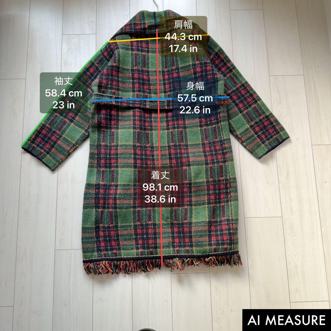 美品・希少✨45R　縮絨ニットのカウチンコート　R刺繍　チェック　フリンジ