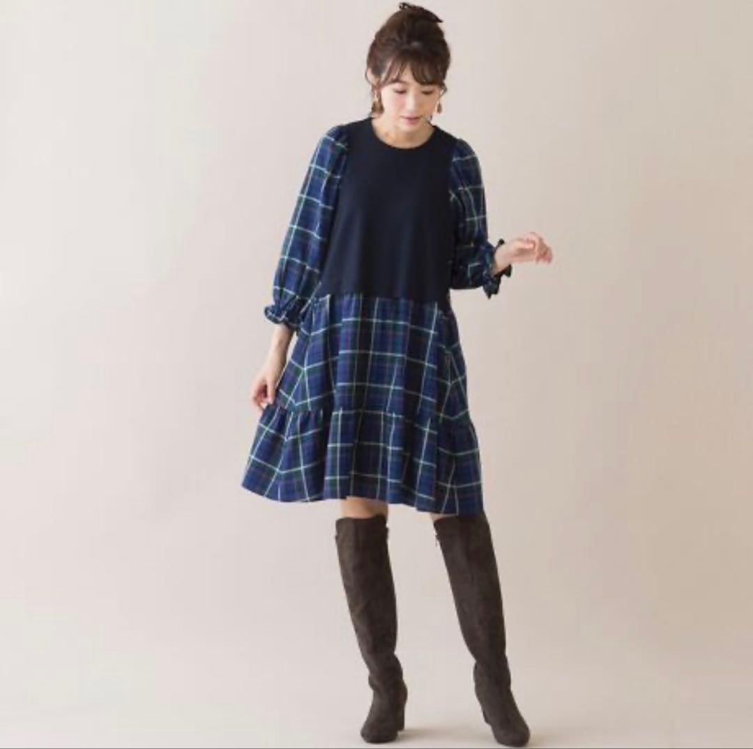 美品 ローズティアラ 大きいサイズ46 洗える チェック ティアードワンピース