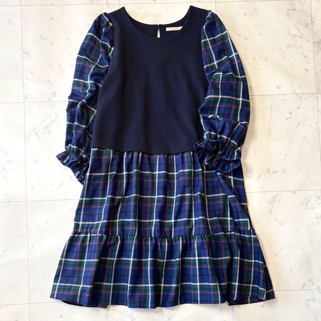 美品 ローズティアラ 大きいサイズ46 洗える チェック ティアードワンピース
