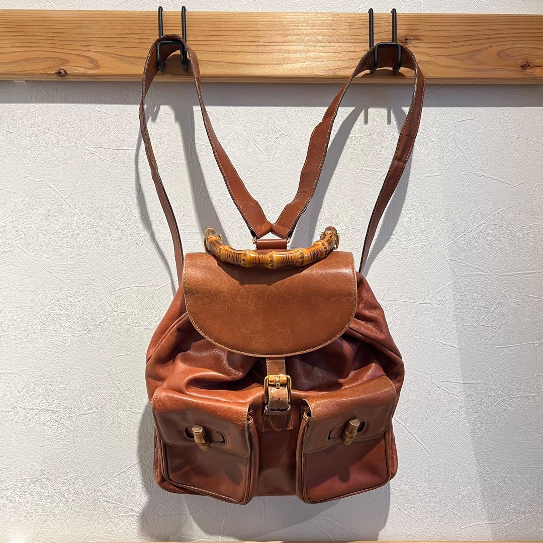 ク*︎様 【GUCCI】オールドグッチ バンブー リュックサック レザー キャメ