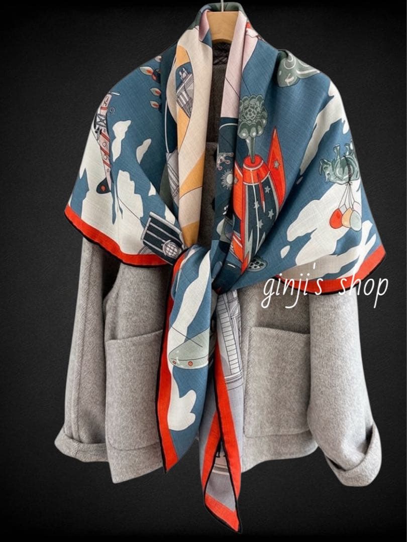 @H27 羊毛 シルク 大判ストール リバーシブル ロボット