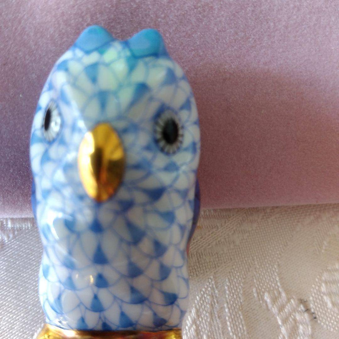 ヘレンド社青と白のフクロウ 陶磁器オブジェ