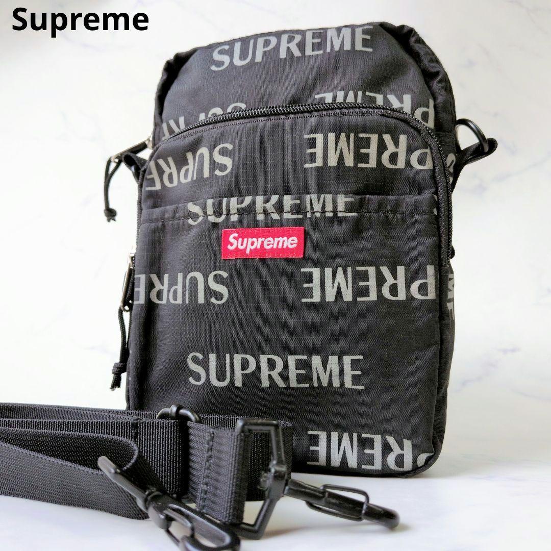【美品】シュプリーム ショルダーバッグ ブランドロゴ 総柄 ブラック ナイロン