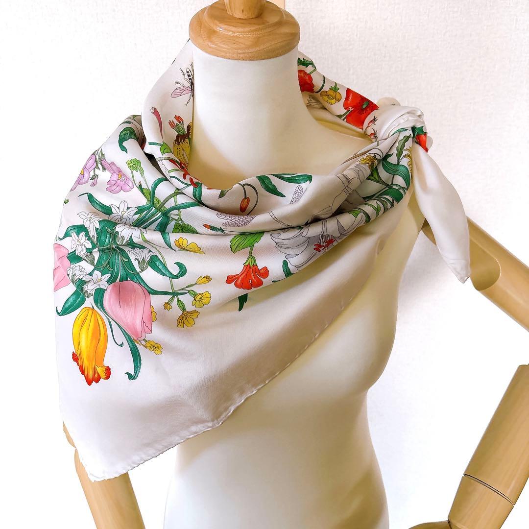 美品】GUCCHI グッチ イタリア製 花柄シルクスカーフ ヴィンテージ タグ