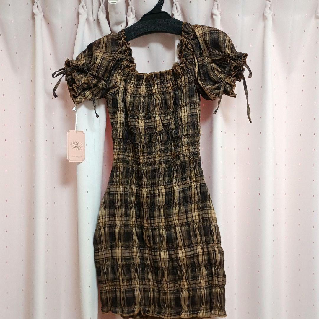 ミシェルマカロン♡シャーリングチェックミニワンピース♡ブラウン