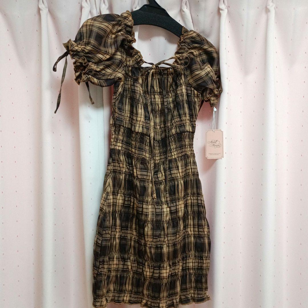 ミシェルマカロン♡シャーリングチェックミニワンピース♡ブラウン