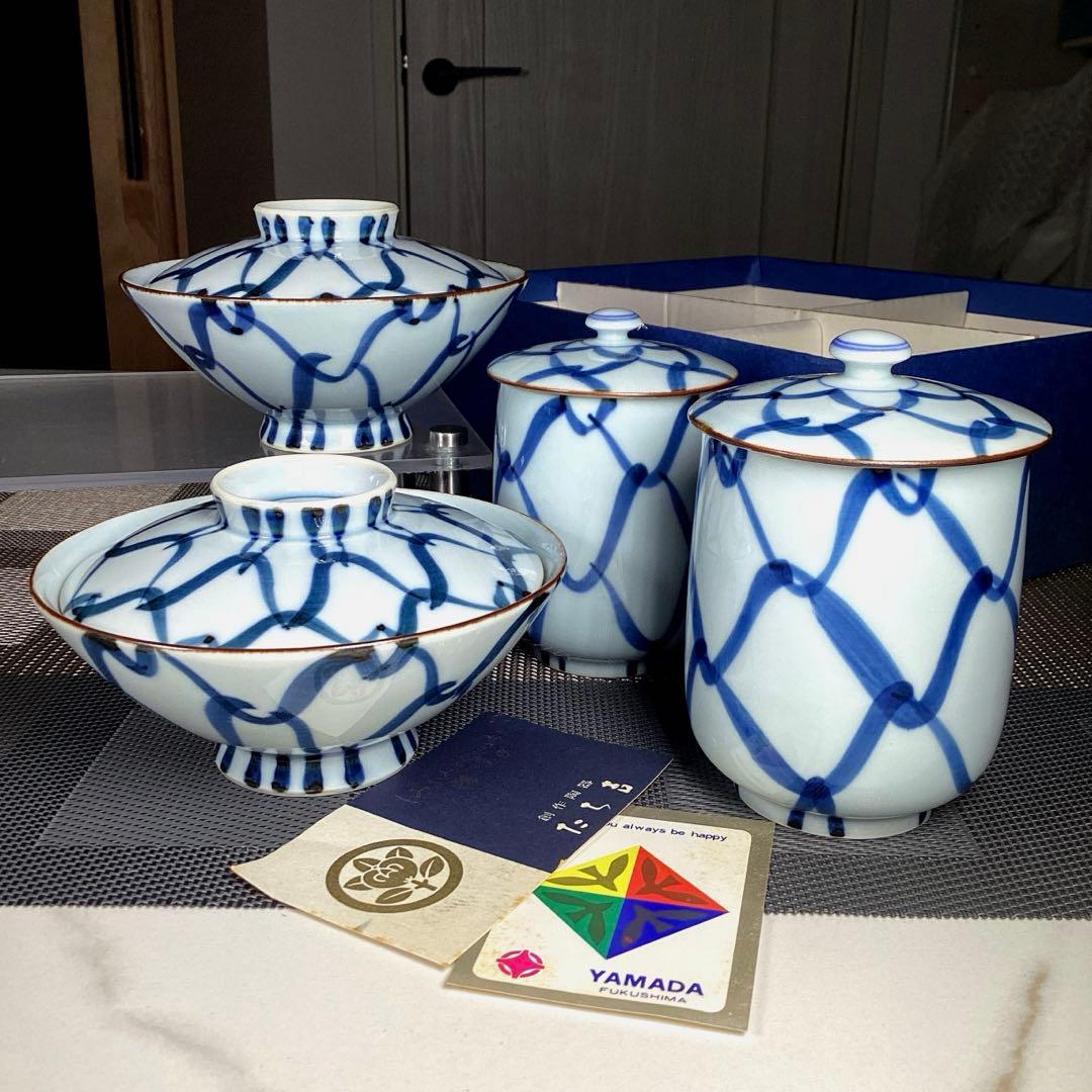 骨董品　たち吉　× 山田百貨店　夫婦　蓋付湯飲み　蓋付ご飯茶碗　ペア 青華瓔珞文（せいかようらくもん） 青華瓔珞文 蓋付お茶呑茶碗（桐箱入