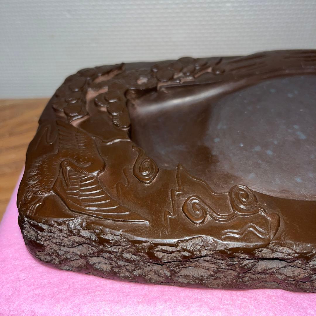 ⭕️赤間硯　曻進堂謹製　永久松鶴亀彫刻　美品　21cm超2kg超　大型　古硯