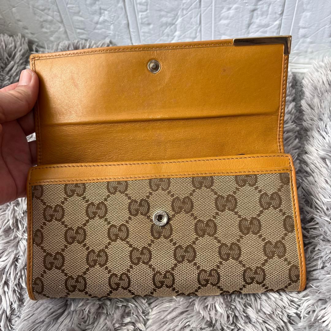 良品✨GUCCI GGキャンバス 長財布 からし色 イエロー ロゴプレート