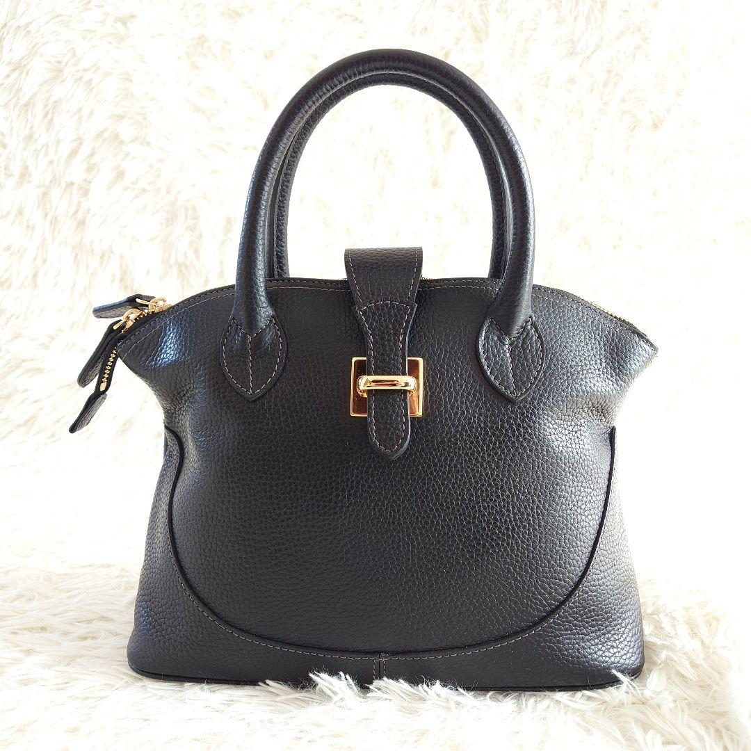 美品 WAKO 銀座和光 シボ革 レザー ハンドバッグ ブラック ゴールド