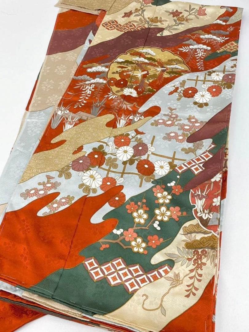 藤井寛 落款入 振袖 未仕立て品 仮絵羽 鶴 七宝繋ぎ 金駒 金彩 紋意匠