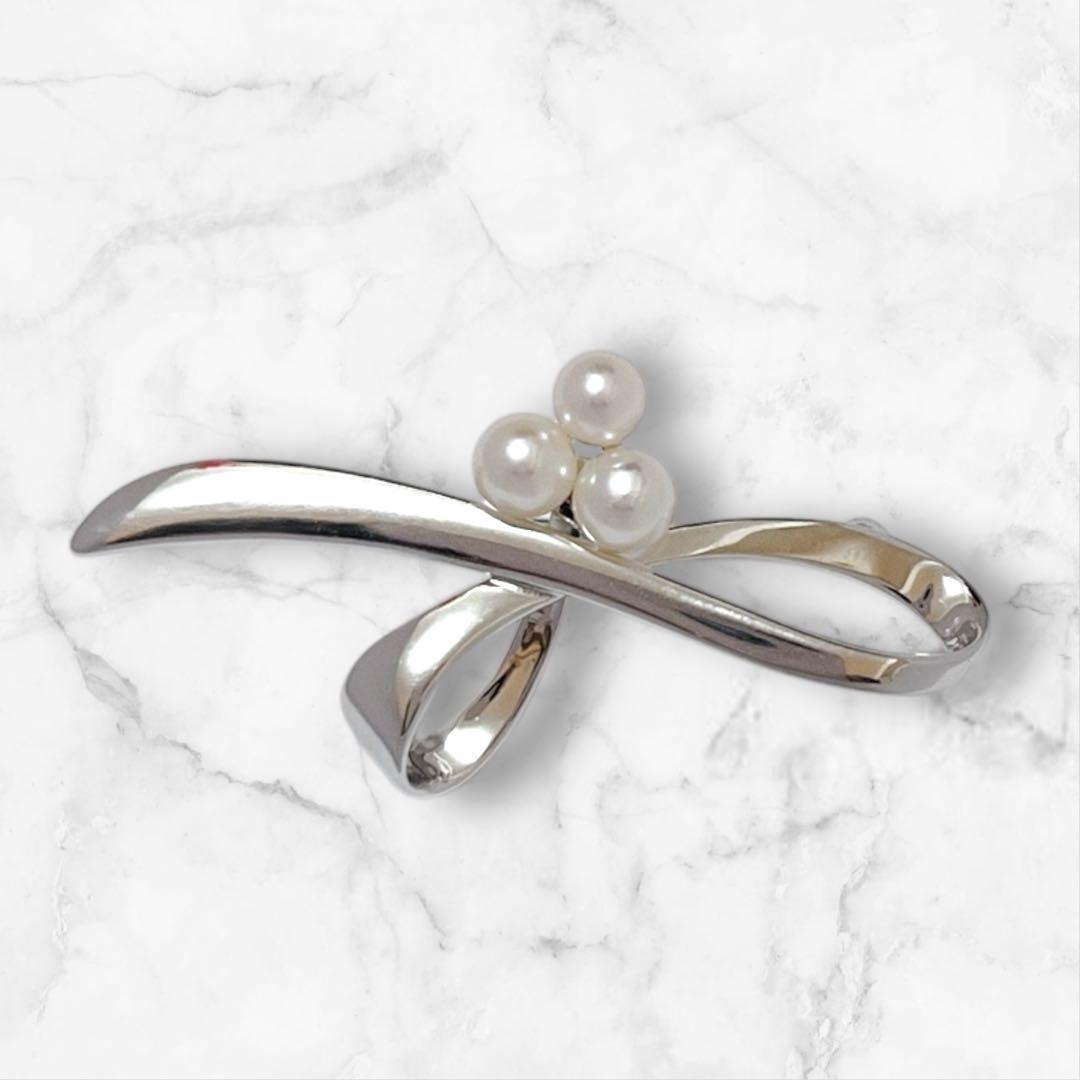 【未使用】MIKIMOTO パールブローチ あこや真珠 リボンモチーフ 刻印あり