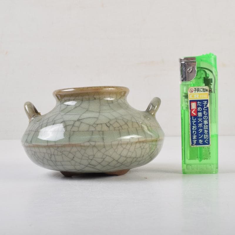 中国 哥釉 青磁 氷裂文 双耳香炉 C 9106