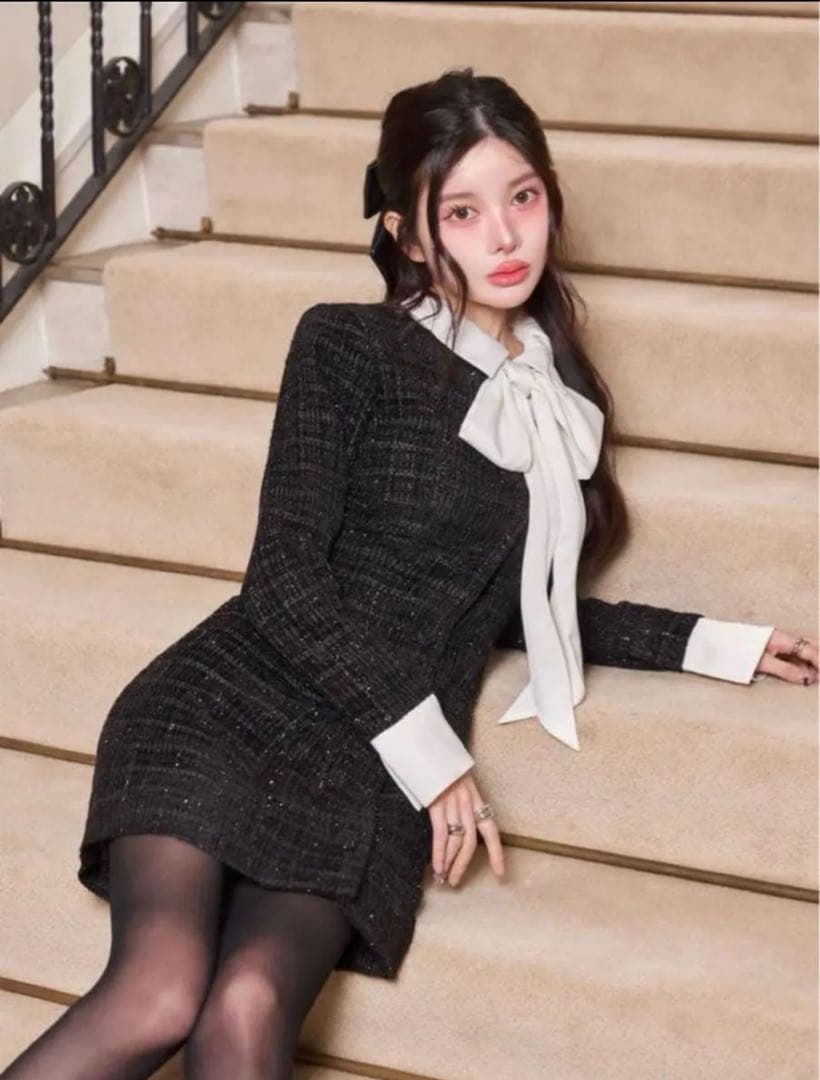 【Darich】ダーリッチ　クラシカルボウタイツイードミニワンピース