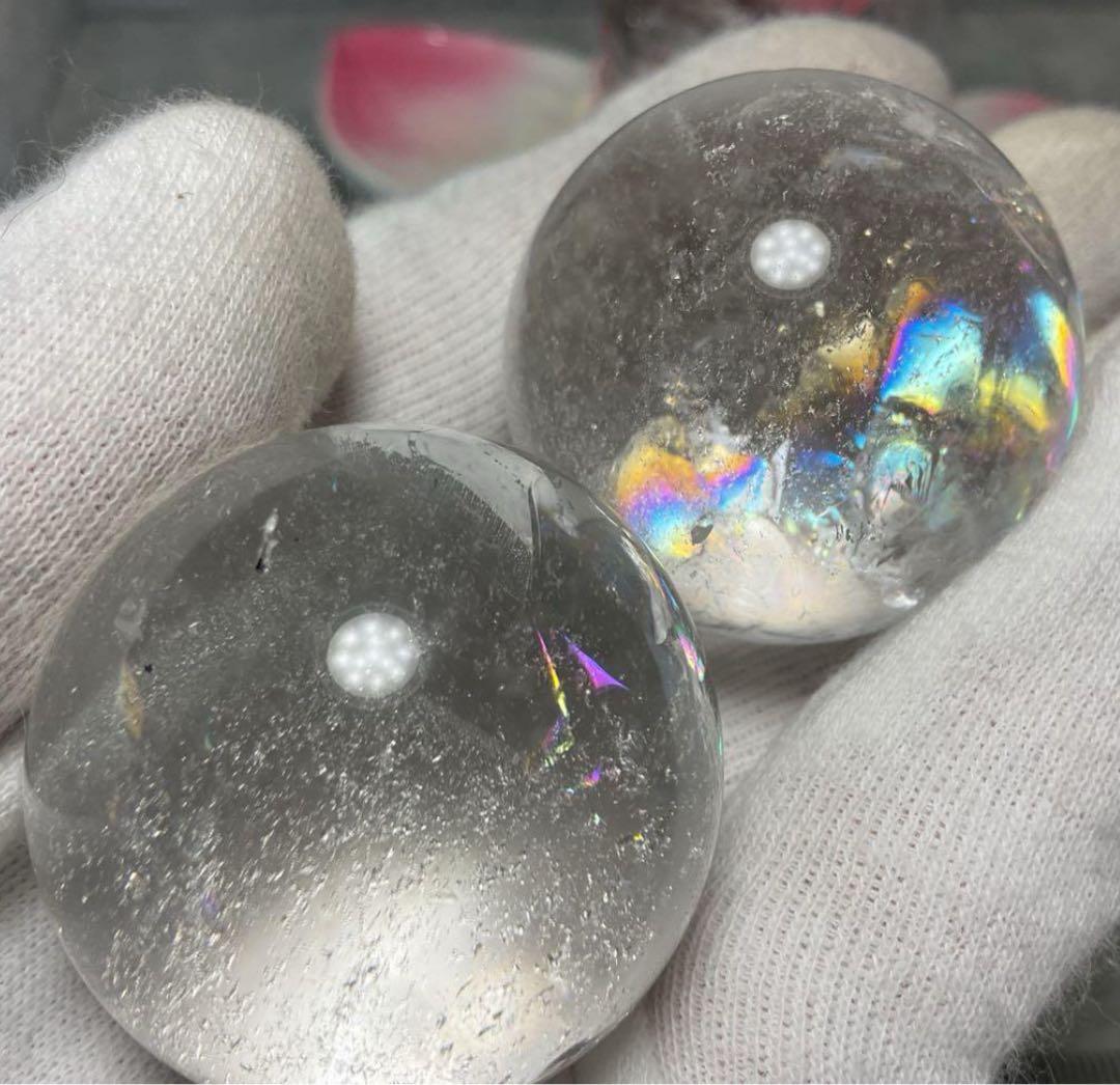 Z215-1半額特価着払いアイリスクォーツ虹入り水晶スフィア蓮花台座セットピンク