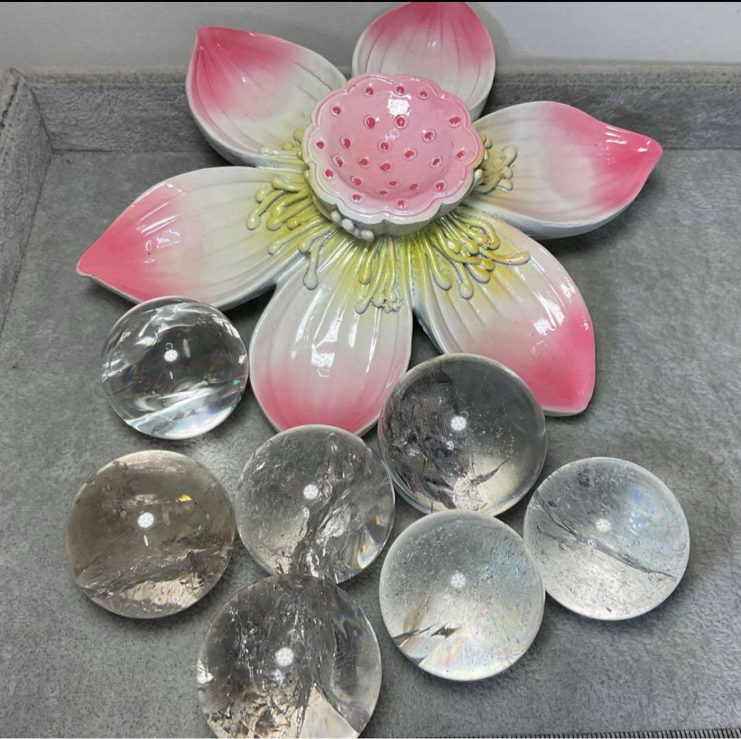 Z215-1半額特価着払いアイリスクォーツ虹入り水晶スフィア蓮花台座セットピンク