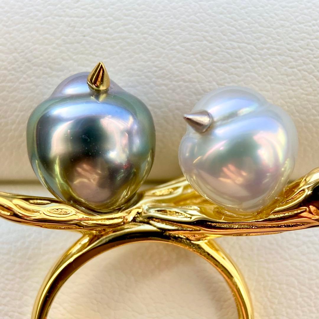 本真珠南洋黒蝶と白蝶真珠オーシャンブルーとブルー無調「鳥と枝」リングY1028