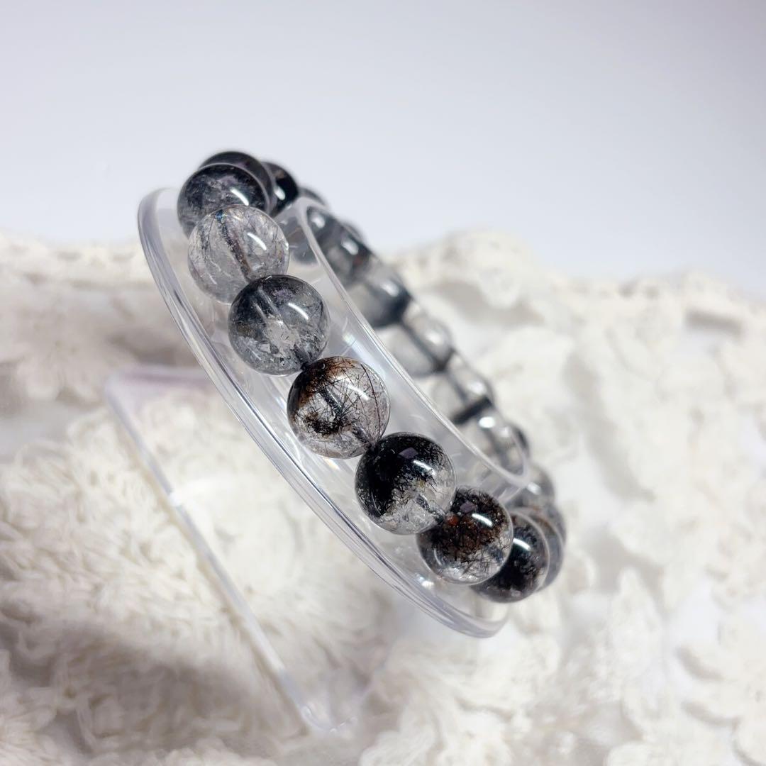 高透明 ブラックルチル ガーデンクォーツブレスレット 虹入り 金運魔除 11mm