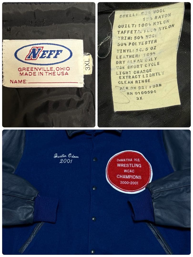 NEFF　ネフ　USA製　袖革ウールスタジャン　レザー　ビッグシルエット3XL.