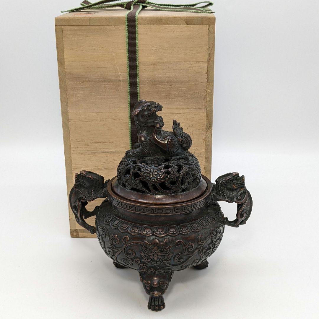 唐銅 三足獅子頭香炉 獅子摘み香炉 中国美術 乾隆年製 鋳銅 銅器 工芸