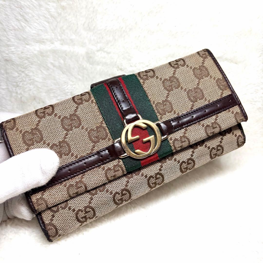 希少 グッチ GUCCI 長財布 インターロッキング シェリーライン GG 箱付